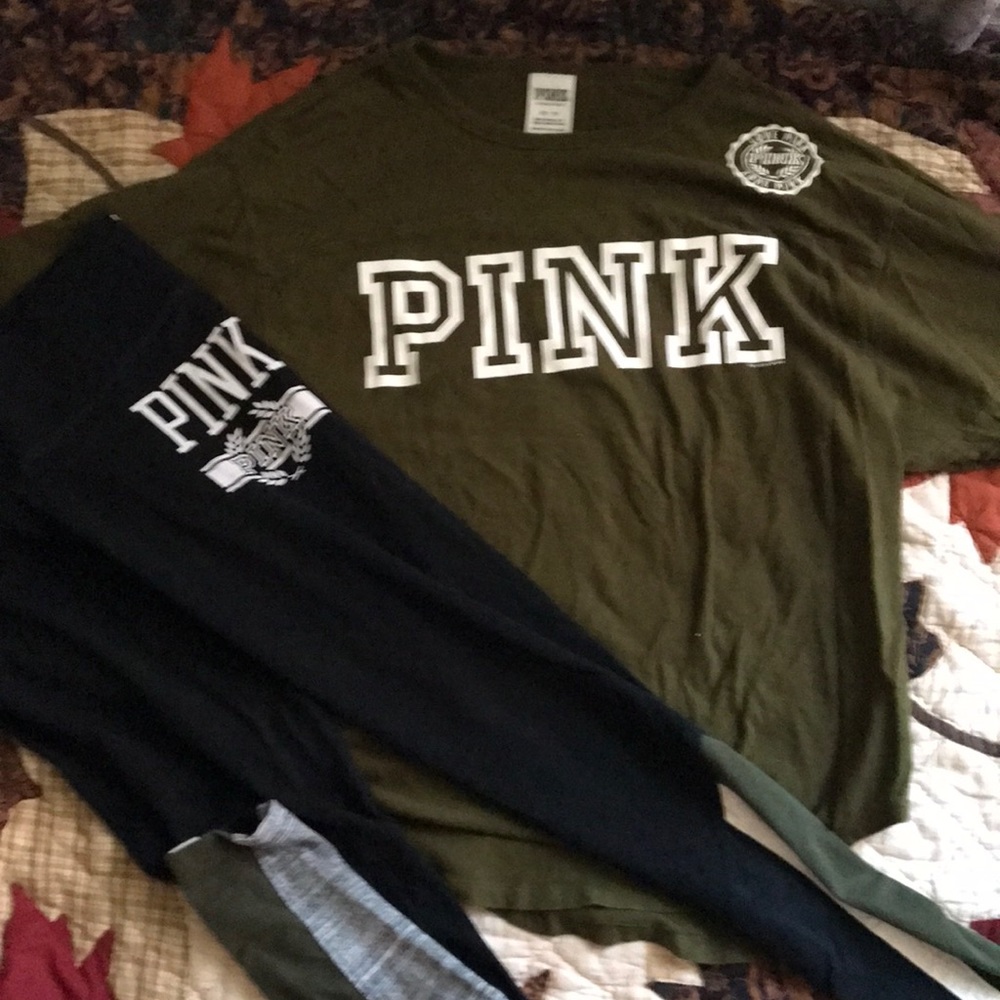 Vs pink yoga outfit top army green 3/4